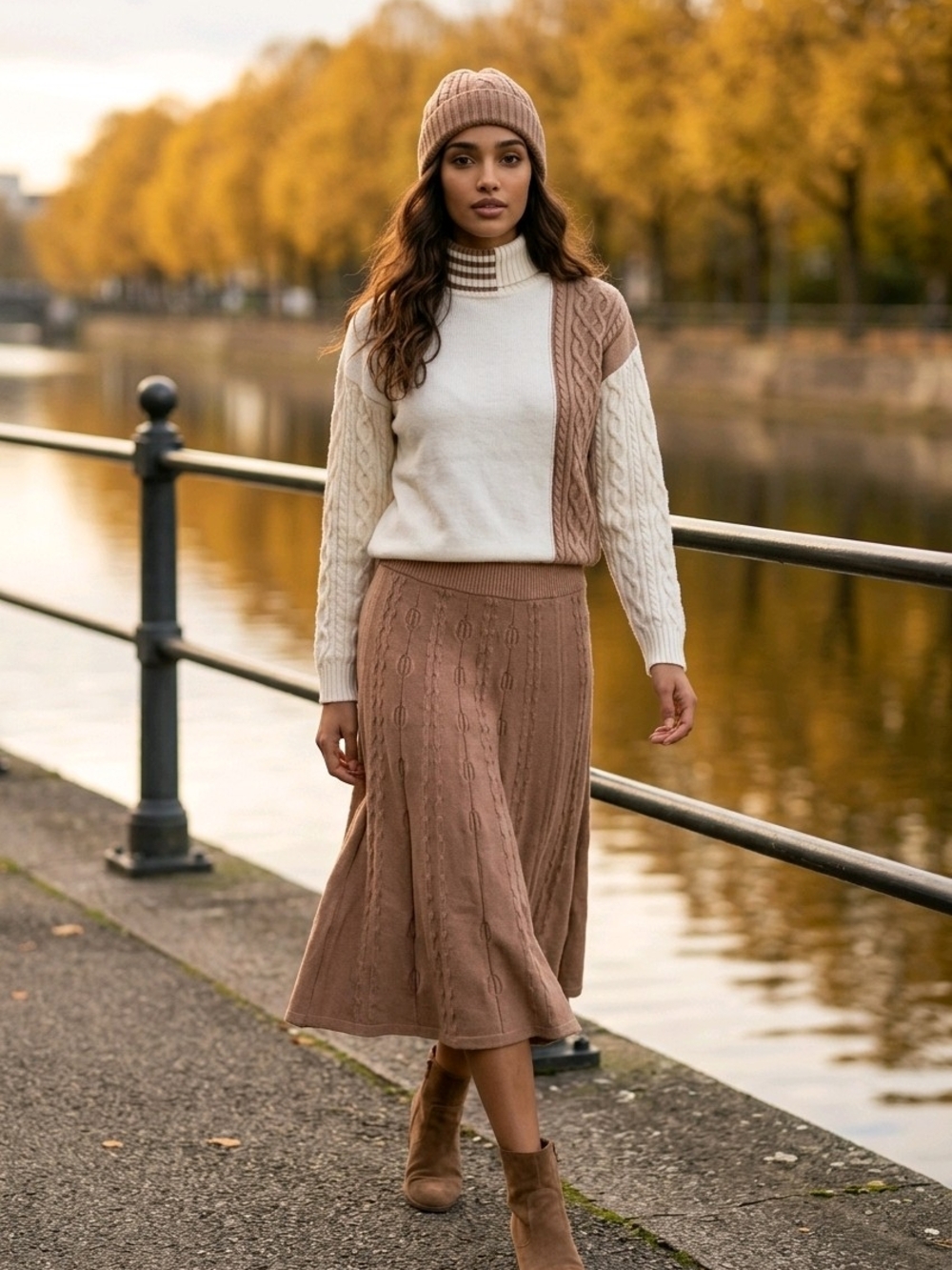 Knit Cable Midi Skirt in Taupe